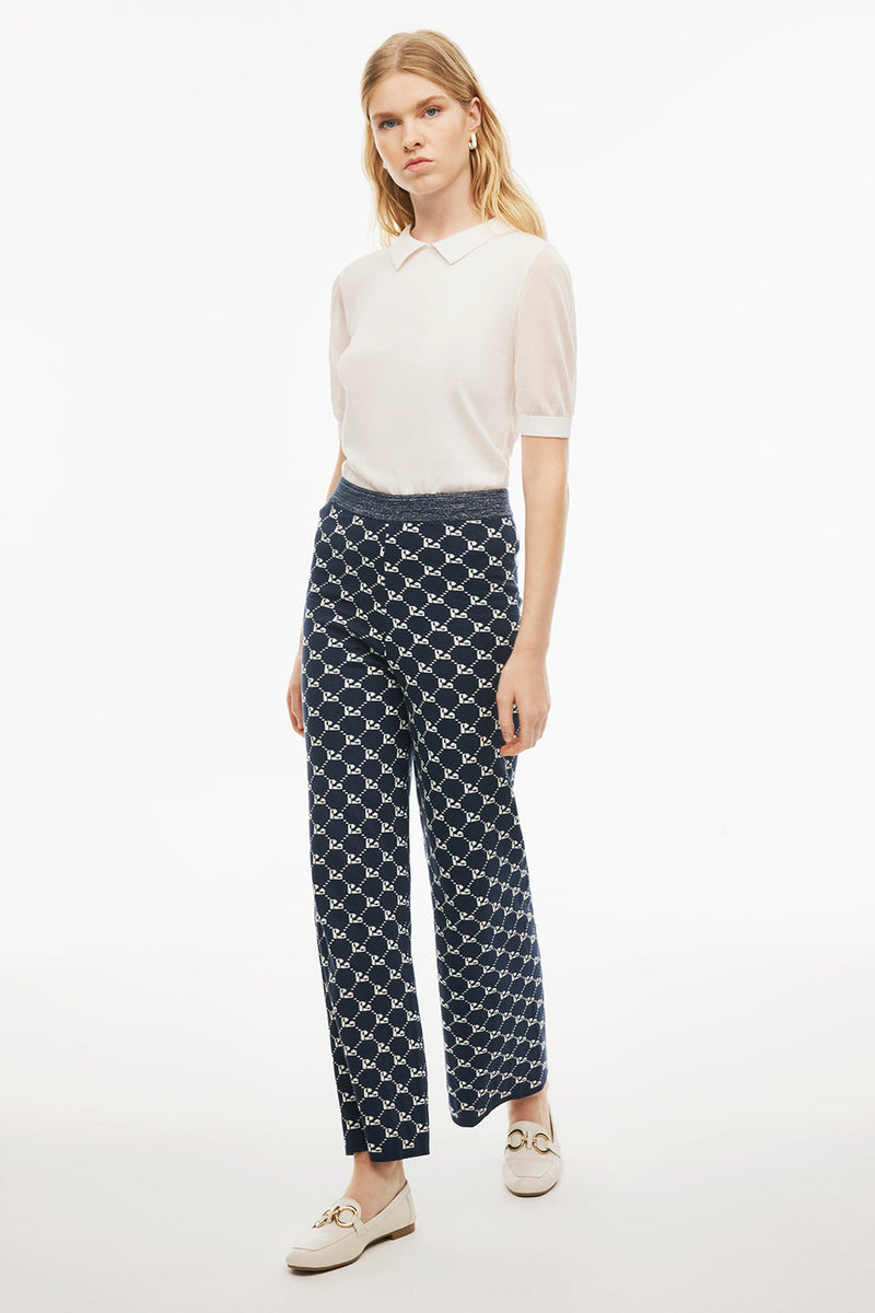 Perspective Ankle Length Mid Rise Patterned Knit Pants Indigo/White