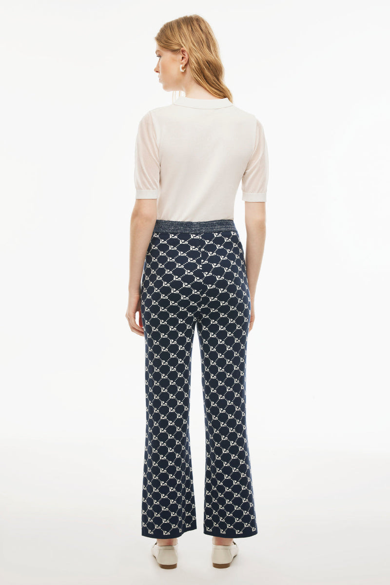 Perspective Ankle Length Mid Rise Patterned Knit Pants Indigo/White