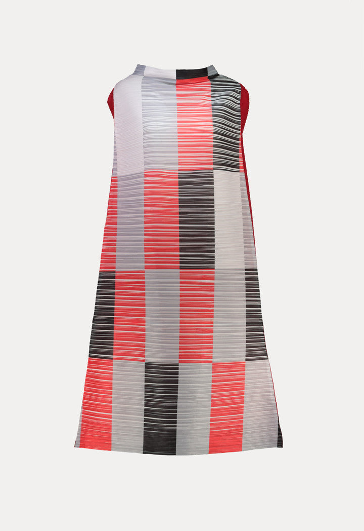 Choice Electric Pleated Color Block Stand Collar Sleeveless Dress Multi Color