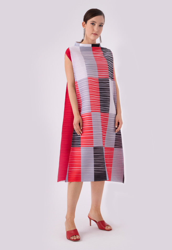 Choice Electric Pleated Color Block Stand Collar Sleeveless Dress Multi Color