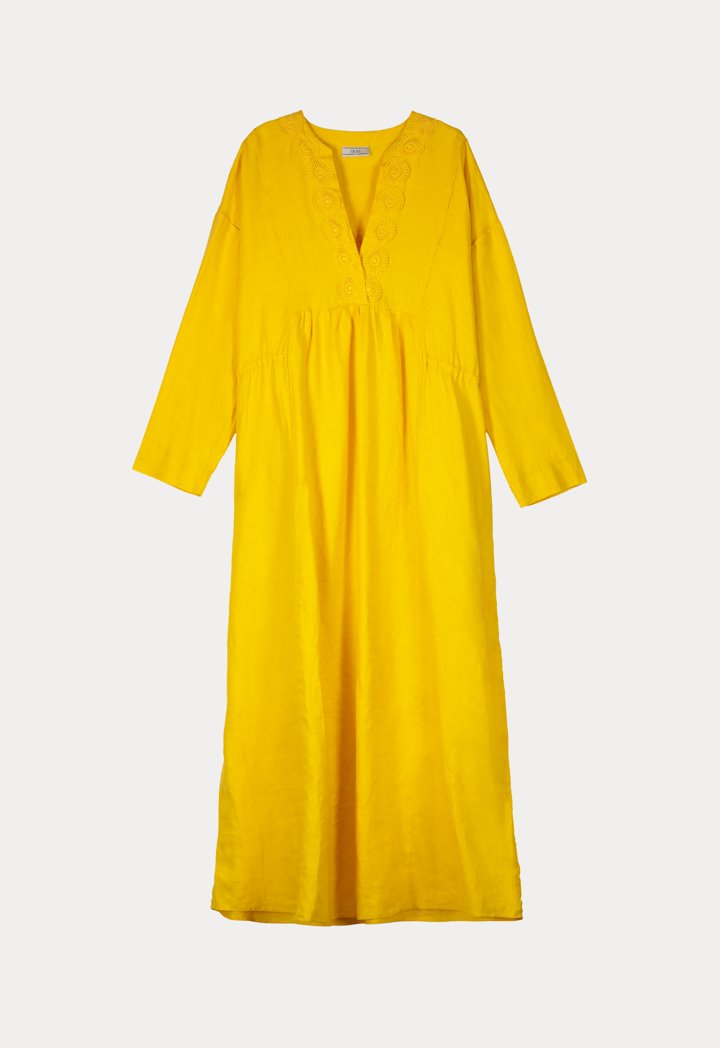 Choice Linen Lace Shirred Waist Dress Yellow