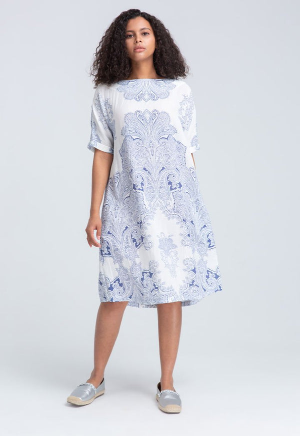 Choice Paisley Placement Print Casual Dress Off White