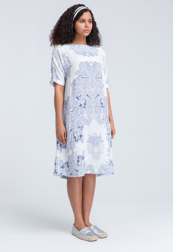 Choice Paisley Placement Print Casual Dress Off White