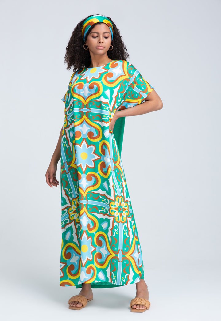 Choice Printed Satin With Jersey Back Dress (Free Size) Green