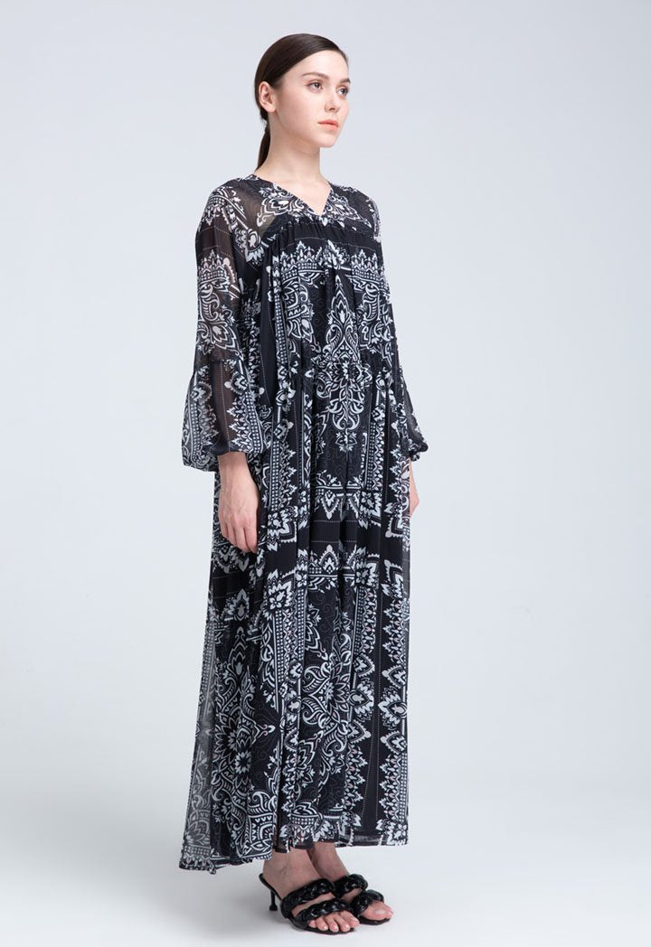 Choice Printed Non-Crushed Thin Linen Dress (Free Size) Black