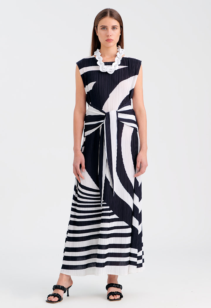Choice Electric Pleated Dress With Self Tie Black/Cream