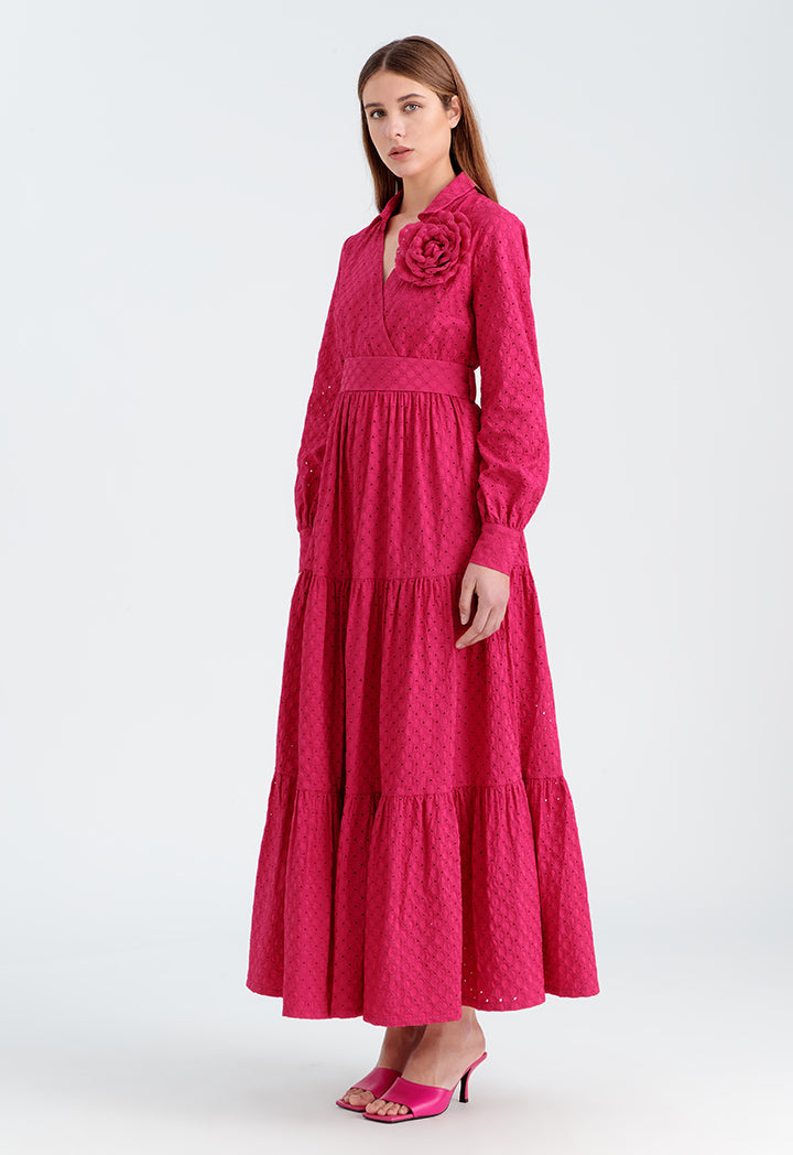Choice Solid Schiffli Tiered Maxi Dress Dark Pink