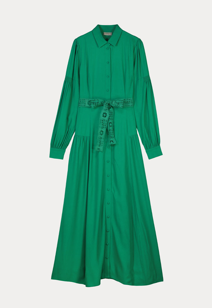 Choice Long Textured Dress With Lace Belt Green