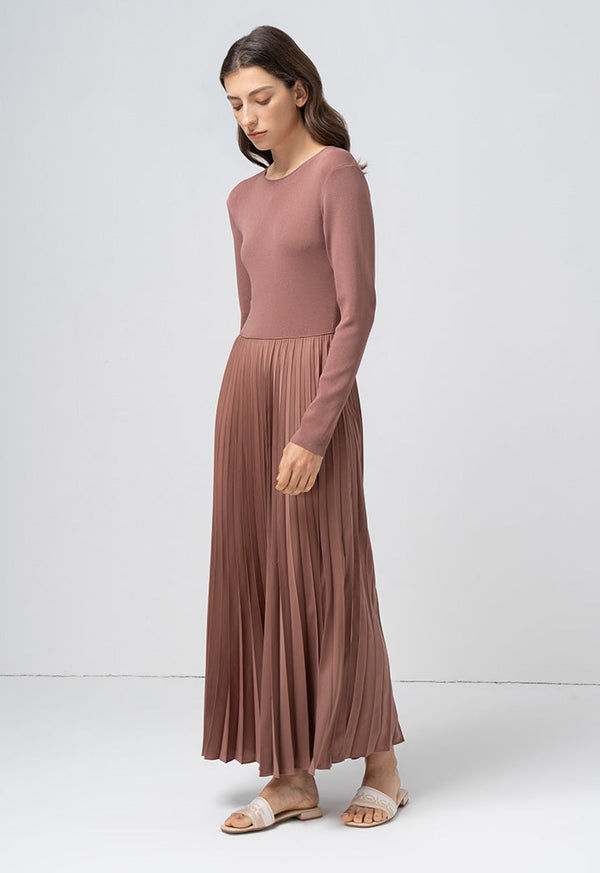 Choice Solid Pleated Maxi Dress Brown