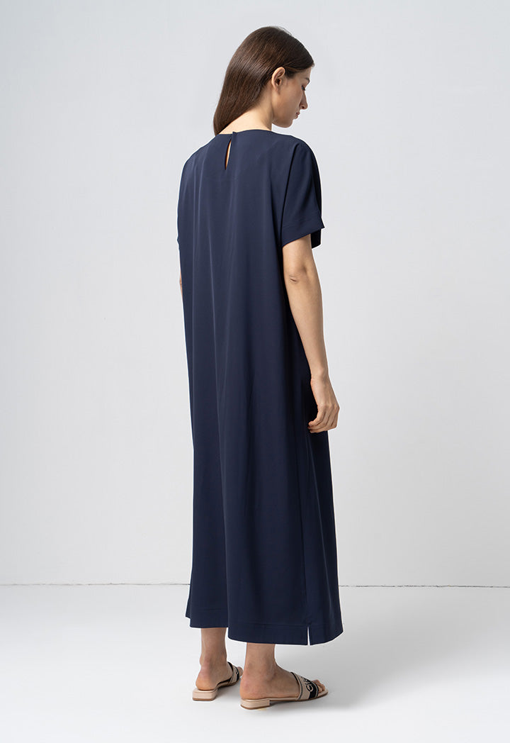 Choice Solid Continuous Short Sleeves Maxi Dress Navy