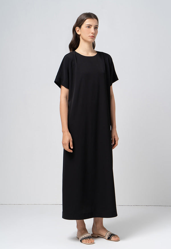 Choice Solid Continuous Short Sleeves Maxi Dress Black