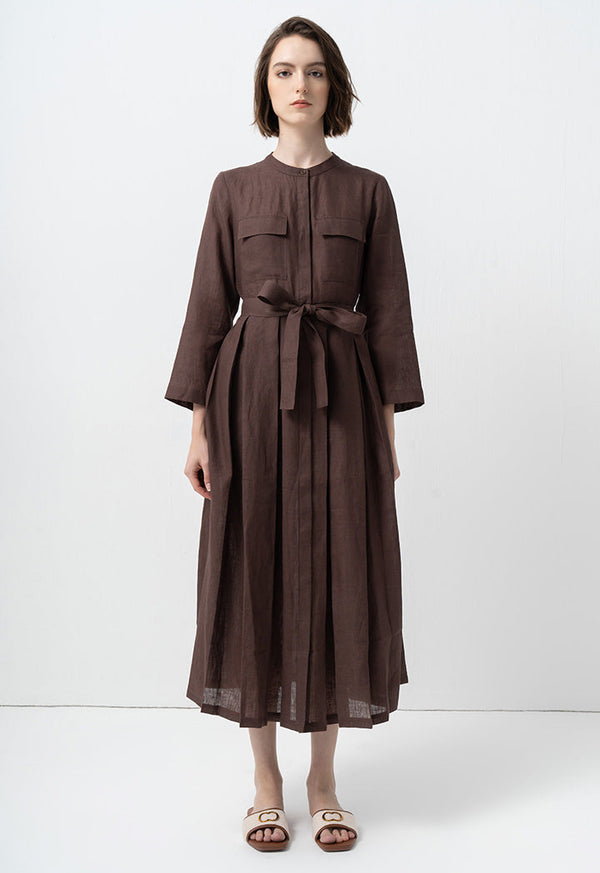 Choice Mandarin Collar Pleated Shirt Dress Brown
