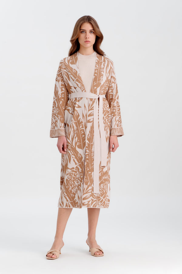 Choice Jacquard Knitted Long Jacket With Belt Light Beige