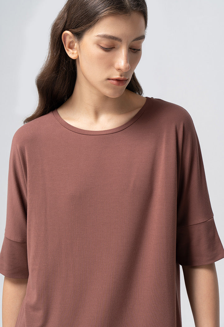 Choice Solid Short Sleeves Blouse Brown