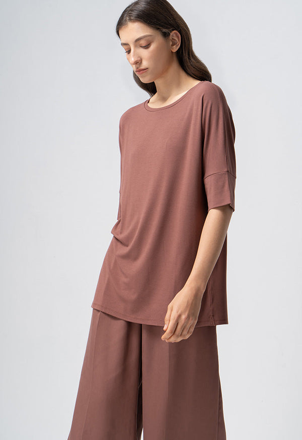 Choice Solid Short Sleeves Blouse Brown