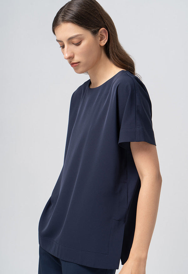 Choice Solid Continuous Short Sleeves Blouse Navy