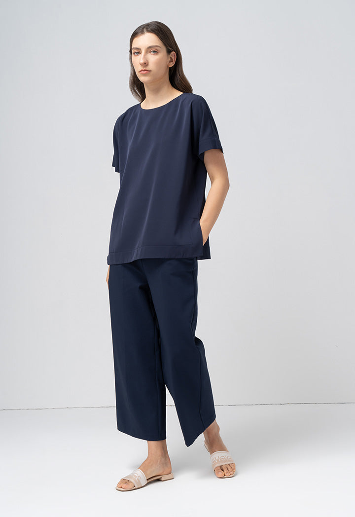 Choice Solid Continuous Short Sleeves Blouse Navy