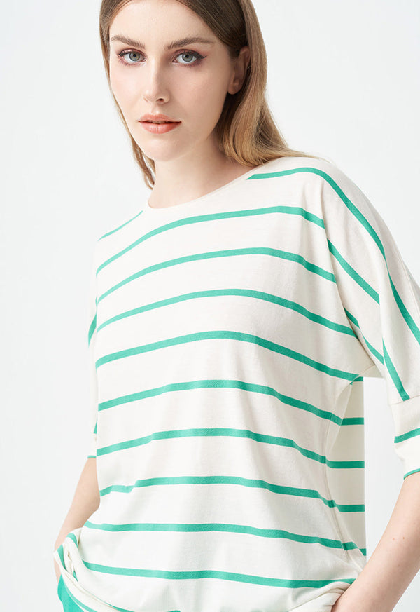 Choice Striped Short Dolman Sleeves T-Shirt Green