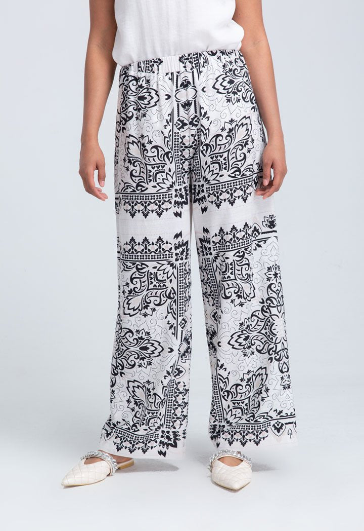 Choice Printed Non-Crushed Linen Palazzo Trouser Off White
