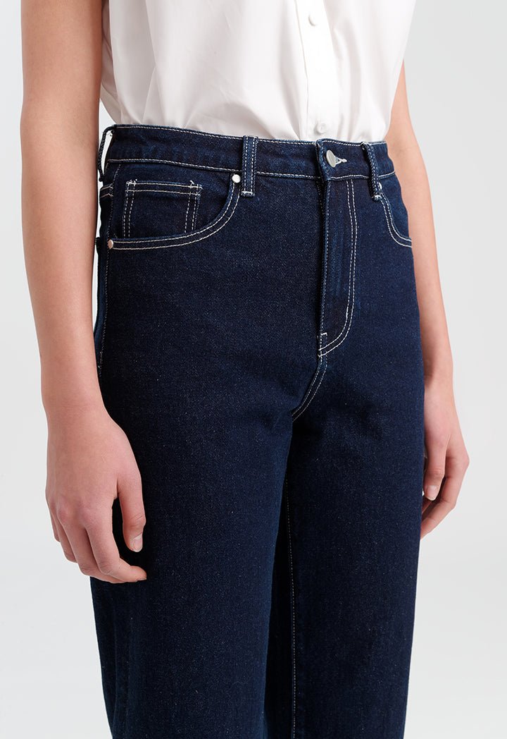 Choice Folded Hem Solid Denim Jeans Blue