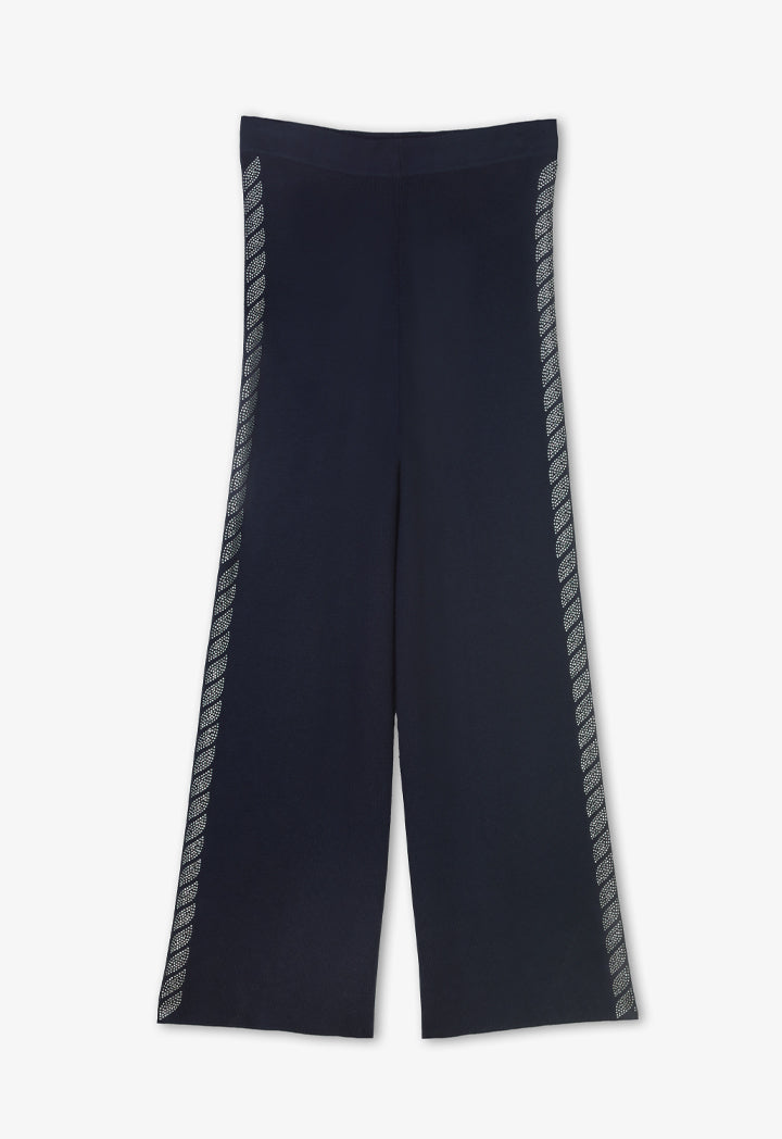 Choice Wide Legs Knitted Crystal Embellished Trousers Navy