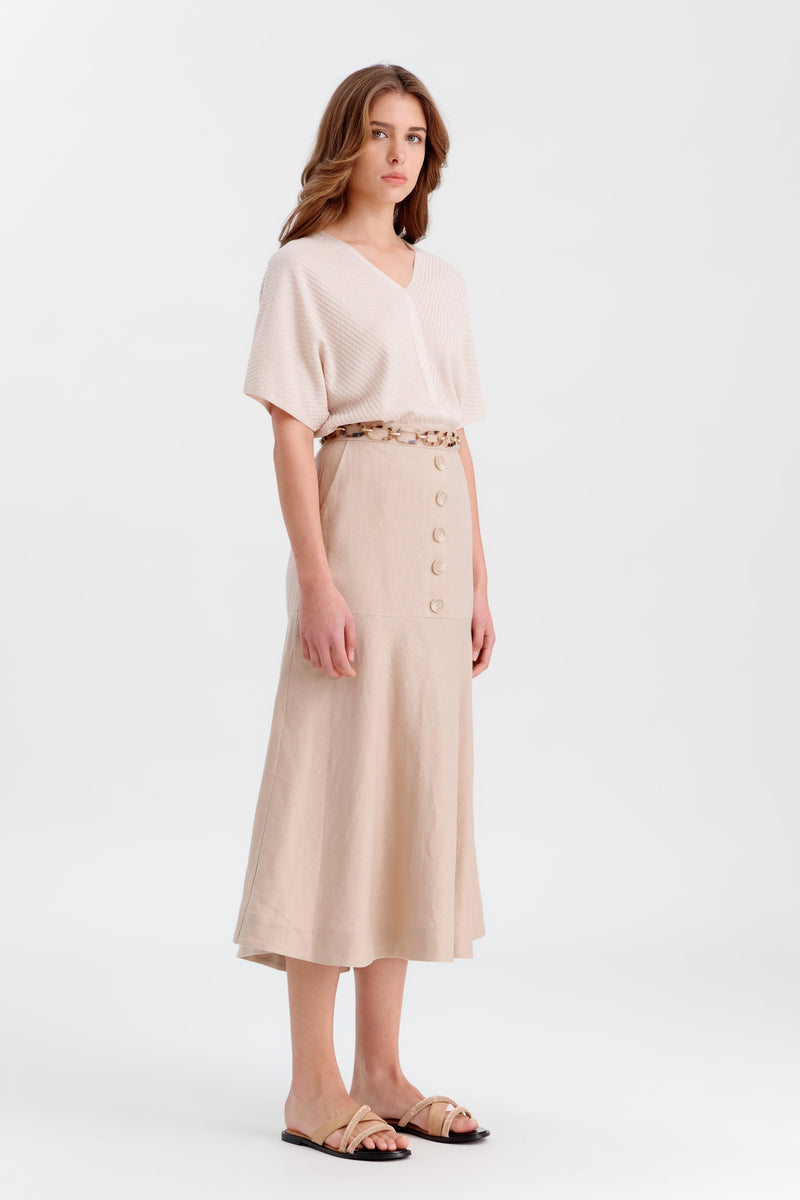 Choice Solid Flared Skirt With Buttoned Details Caramel