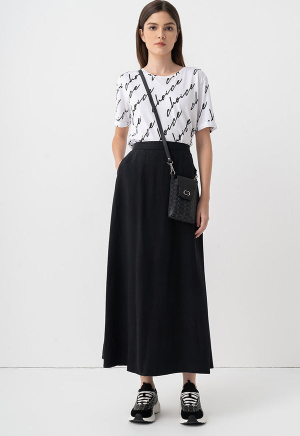 Choice Solid Pleated Flared Skirt Black