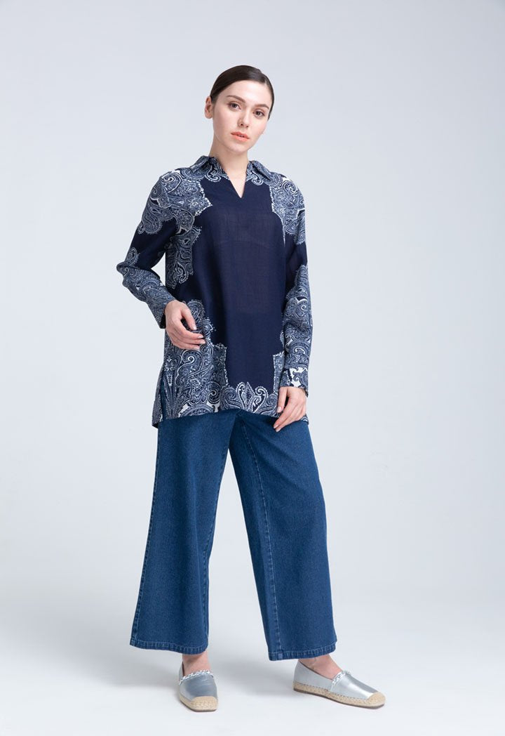 Choice Tunic Paisley Placement Print Blouse Navy