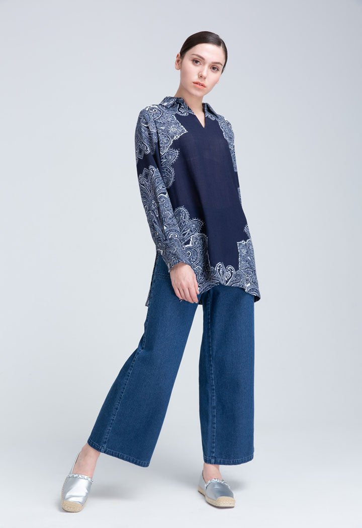 Choice Tunic Paisley Placement Print Blouse Navy