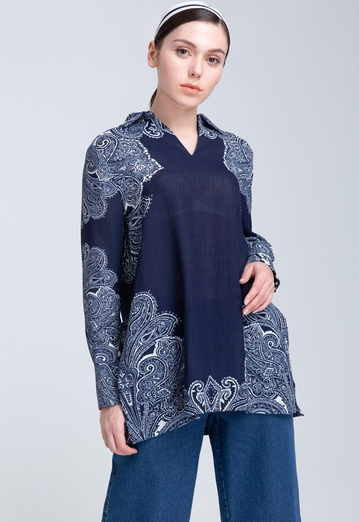 Choice Tunic Paisley Placement Print Blouse Navy