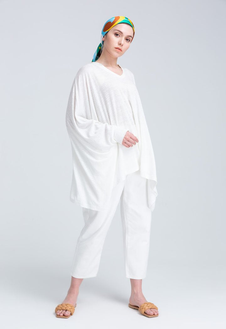 Choice Shiny Linen Slub Jersey Kaftan Blouse (Free Size) Off White