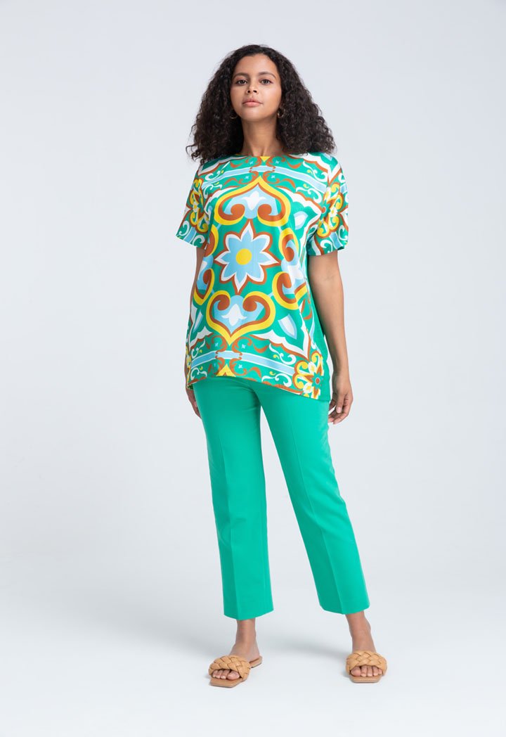 Choice Printed Satin With Jersey Back Tunic Blouse Green