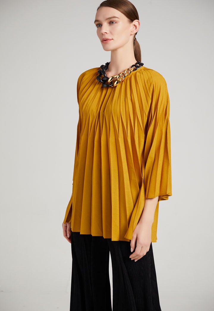 Choice Wide Sleeve Knife Pleats Blouse Gold Yellow