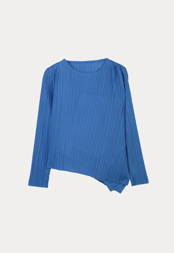 Choice Round Neck Electric Pleated Blouse Blue+Blue