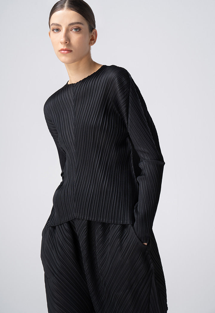 Choice Pleated Long Sleeves Solid Blouse Black