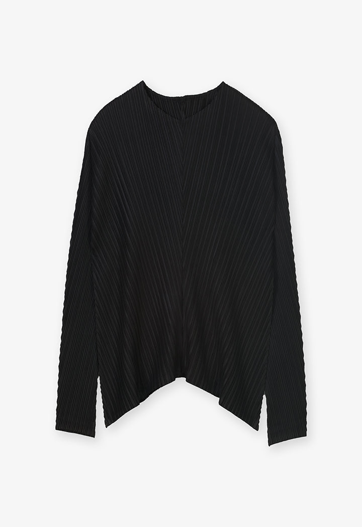 Choice Pleated Long Sleeves Solid Blouse Black