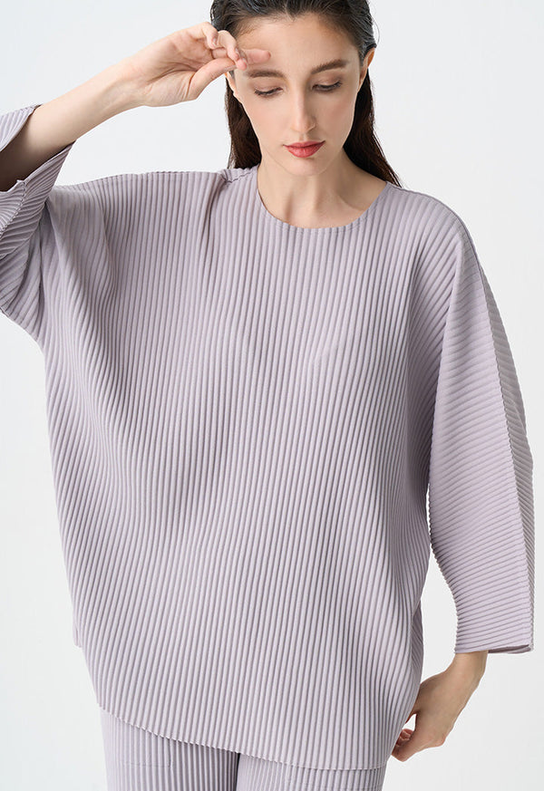 Choice Solid Pleated Long Sleeves Blouse Grey