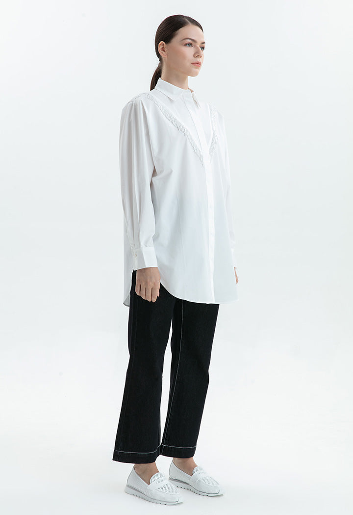 Choice V Front Fringes Solid Shirt Off White