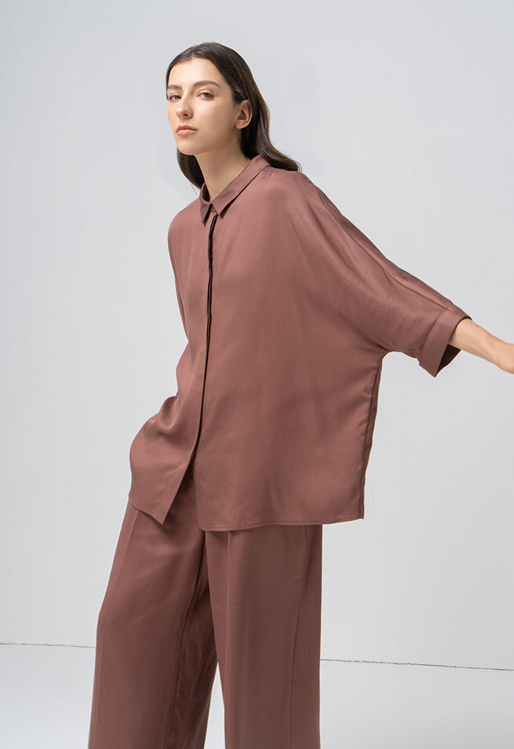 Choice Solid Kimono Sleeves Shirt Brown