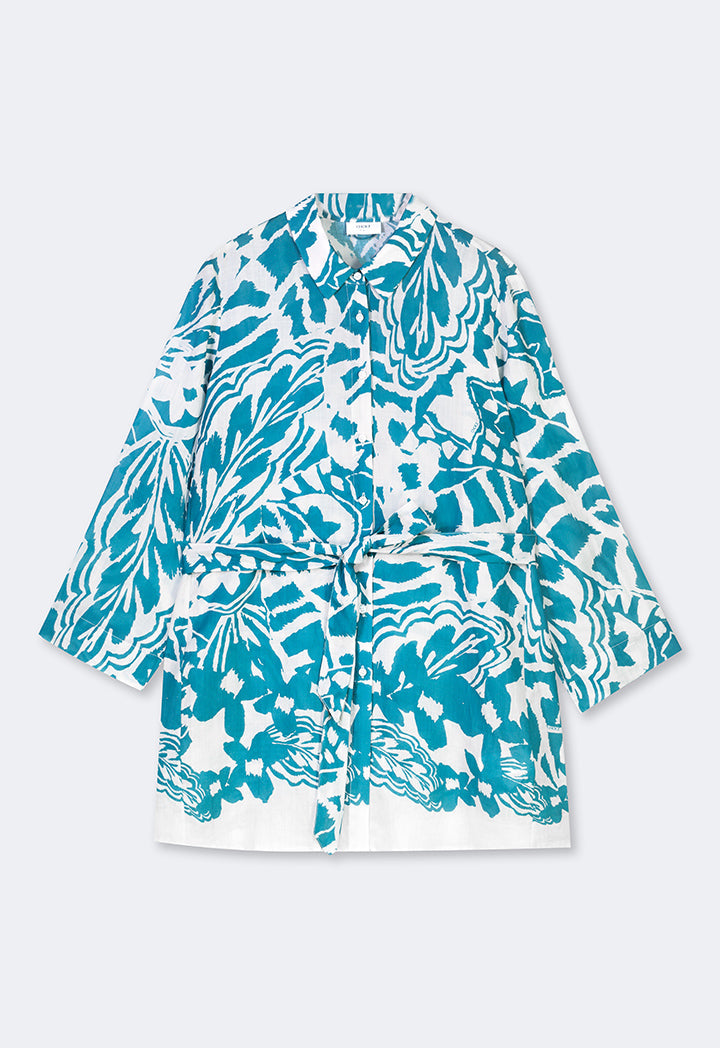 Choice Long Sleeve Printed Belted Shirt Teal