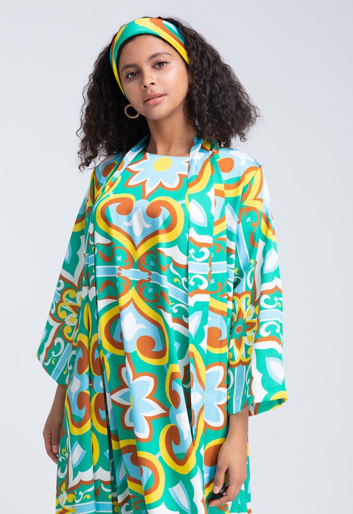 Choice Printed Satin Maxi Kimono Wrap Green