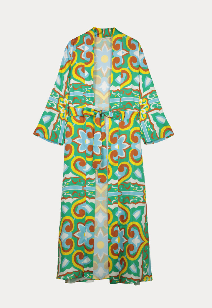 Choice Printed Satin Maxi Kimono Wrap Green