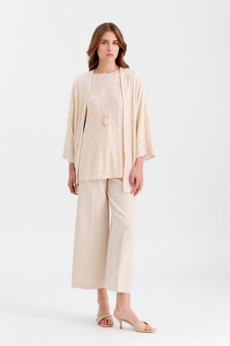 Choice Front Open Sequenced Short Kimono Beige