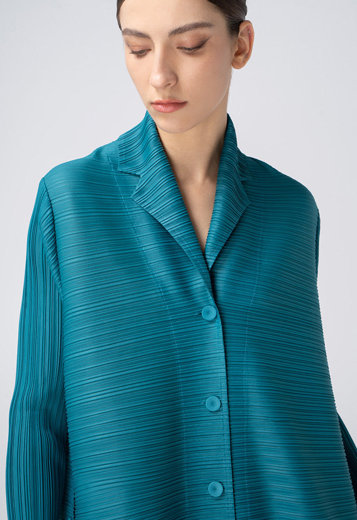 Choice Solid Pleated Buttoned Jacket Teal