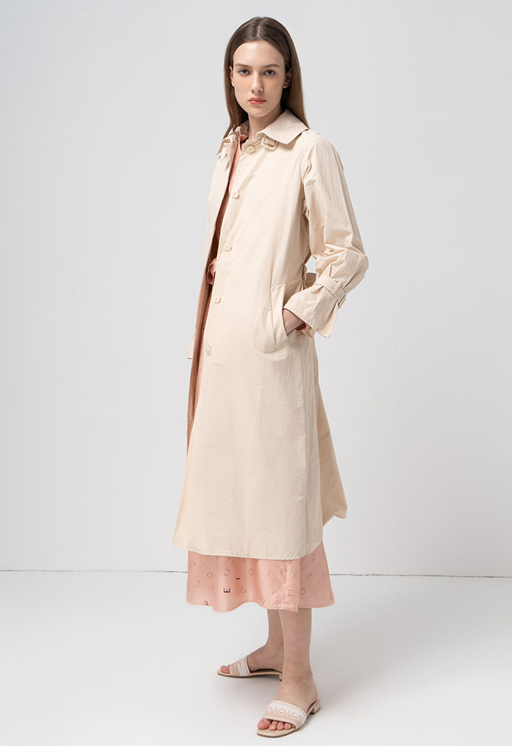 Choice Solid Long Sleeves Belted Maxi Jacket  Beige