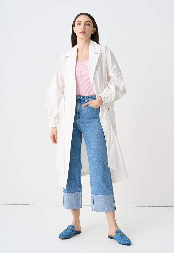 Choice Solid Double Breasted Belted Coat Offwhite