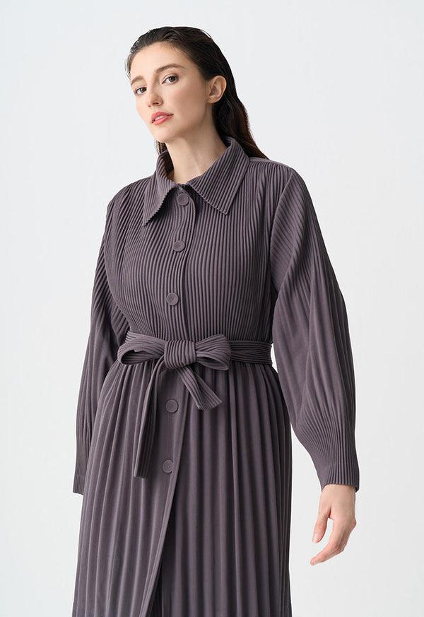 Choice Long Sleeves Pleated Belted Jacket Grey