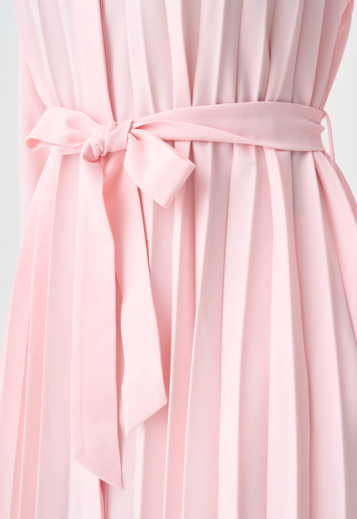 Choice Single Tone Pleated Maxi Shirt Dress Pink