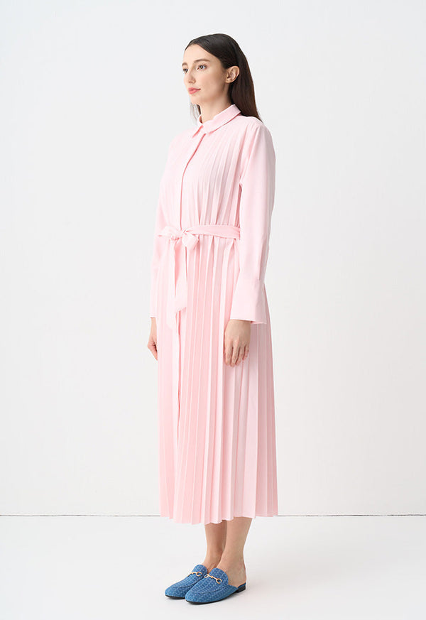 Choice Single Tone Pleated Maxi Shirt Dress Pink