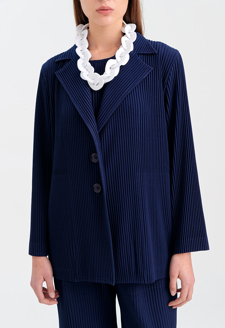 Choice Solid Knitted Knife Pleated Jacket Navy